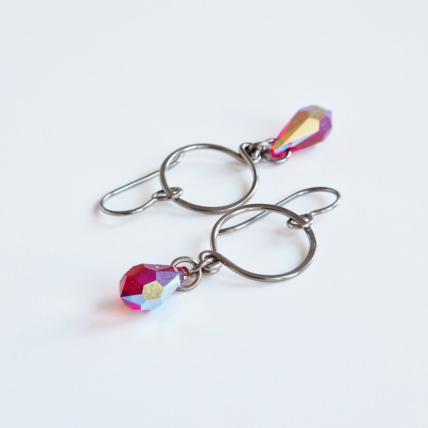 Red Aurora Borealis Crystal Teardrop Titanium Earrings