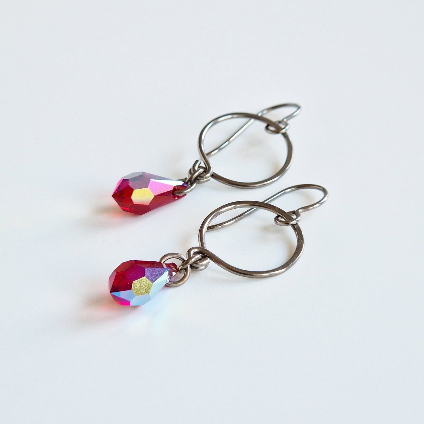 Red Aurora Borealis Crystal Teardrop Titanium Earrings