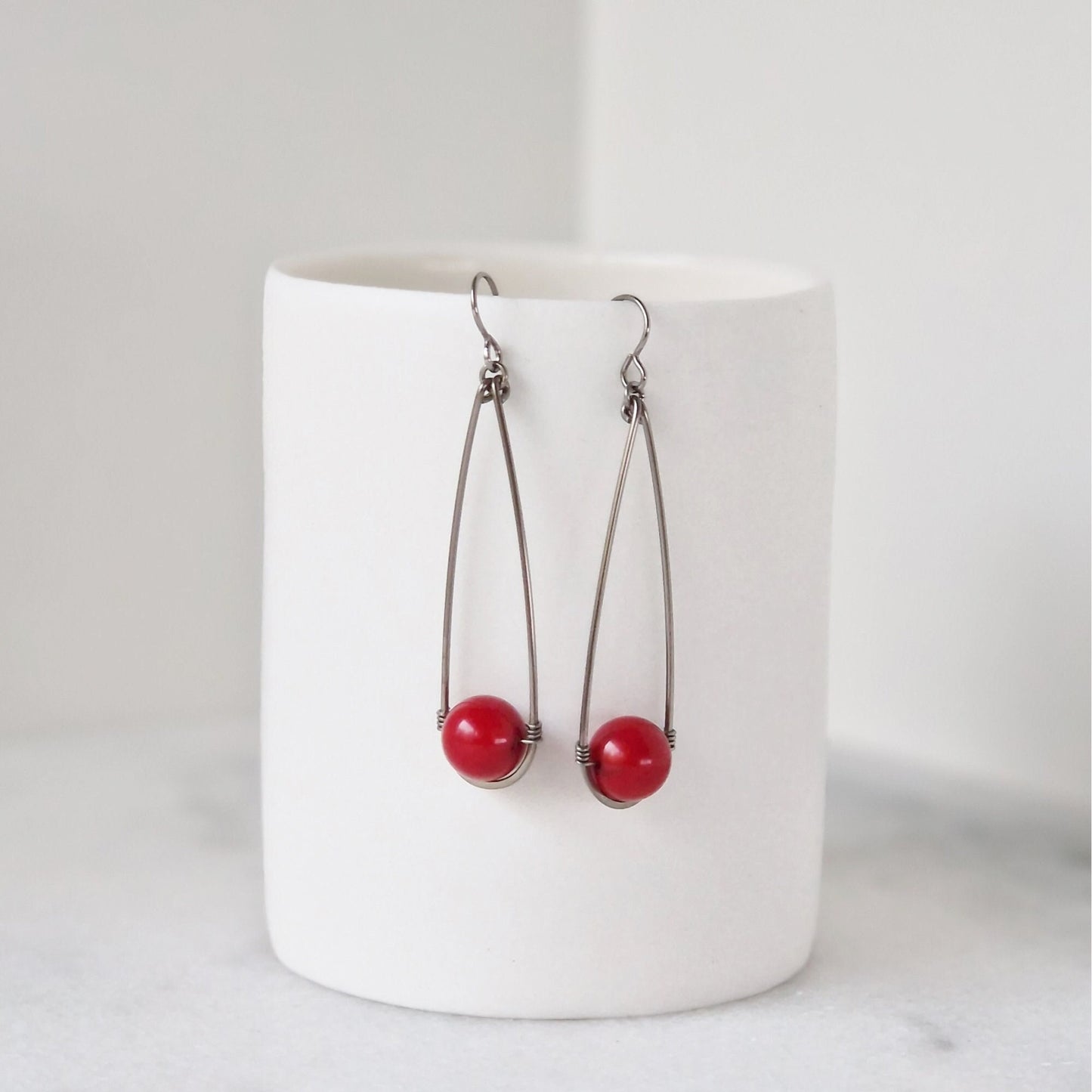 Niobium Long Teardrop Earrings with Red Coral Bead