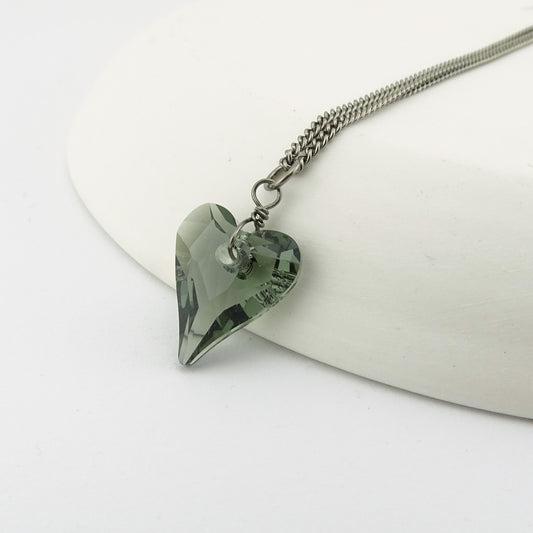 Titanium Necklace with Black Diamond Crystal Heart Pendant